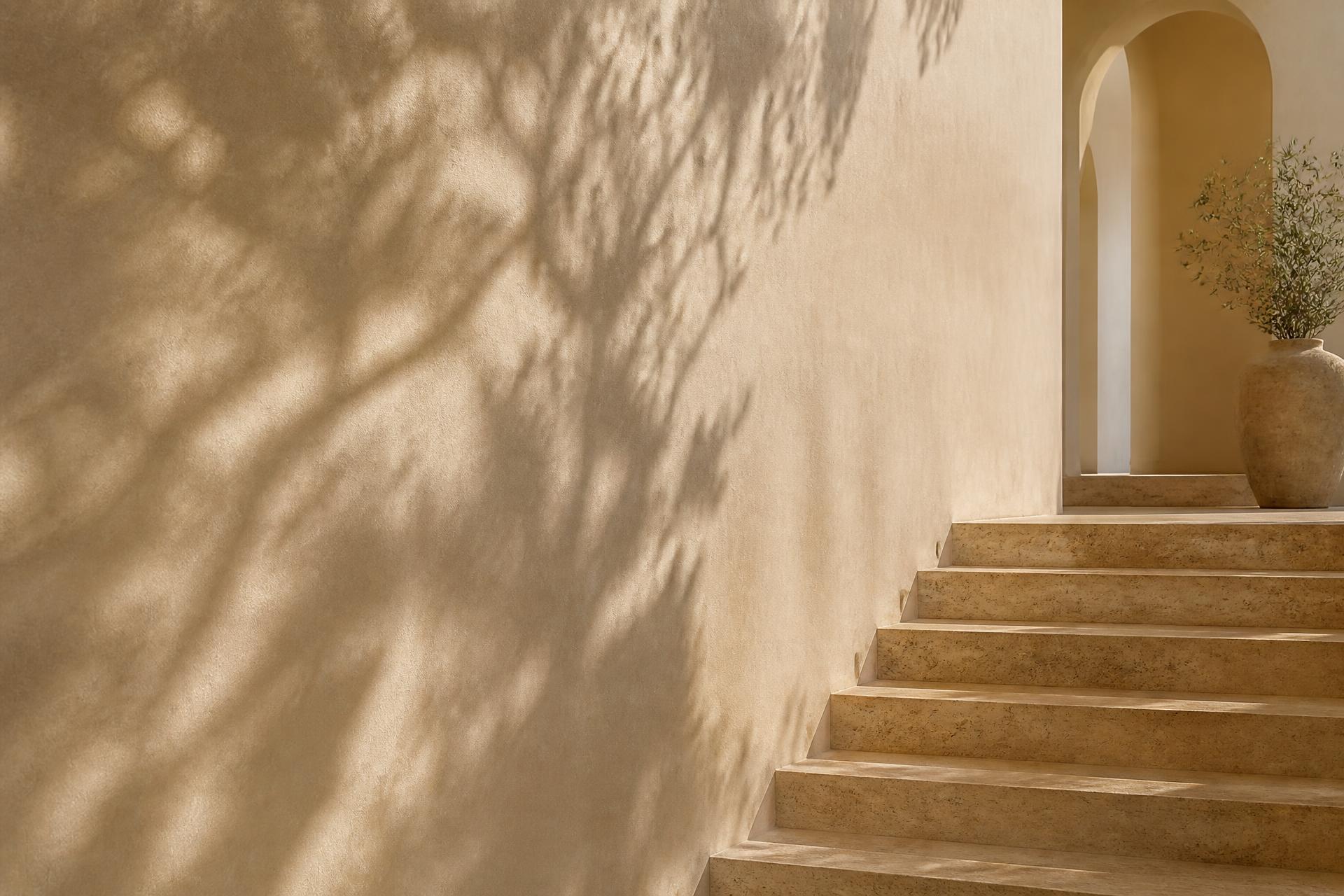 Parede de reboco off-white com sombras de folhagem e degraus de travertino